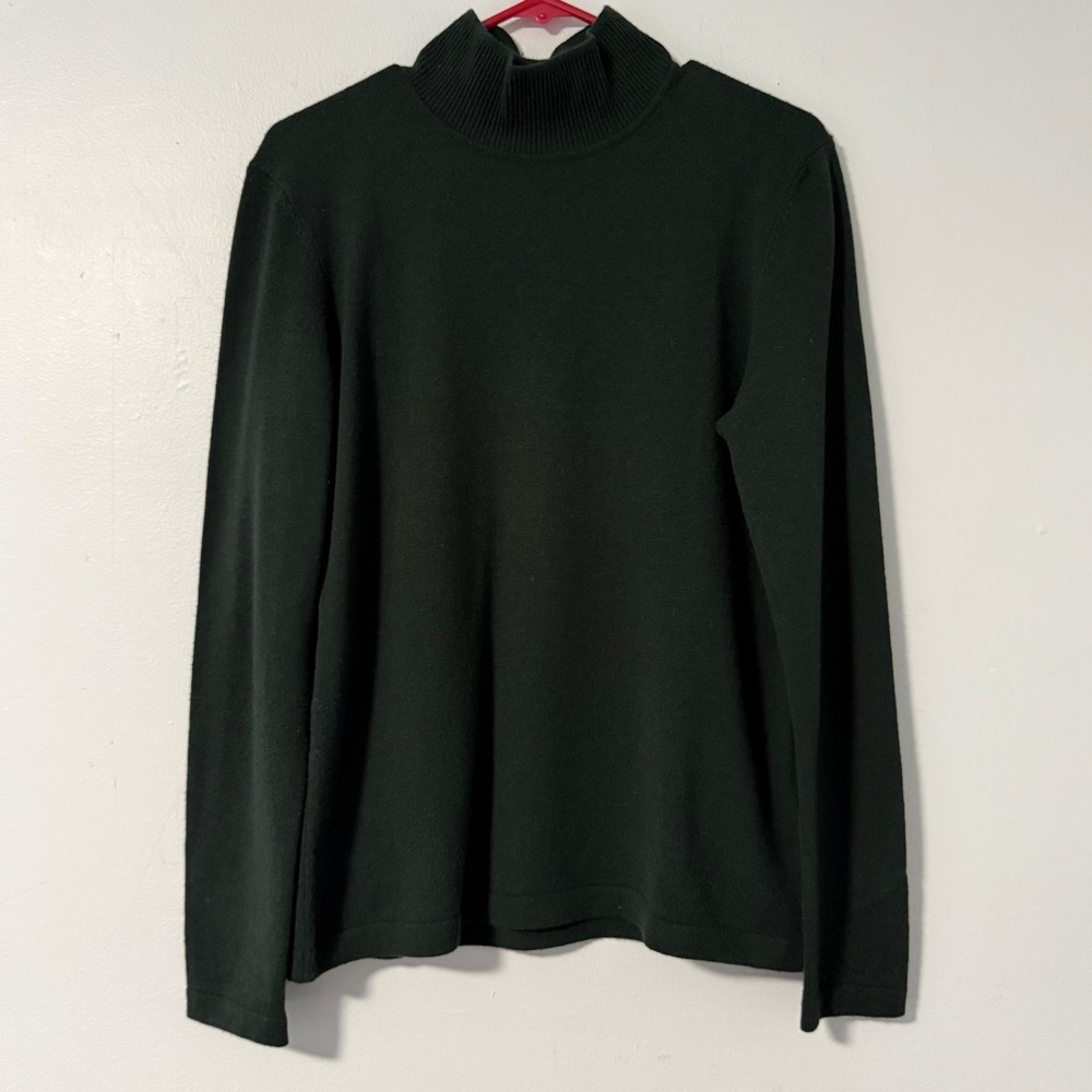 Escada Forest Green Mock Neck Long Sleeve Sweater Size L Logo Cashmere Wool Silk